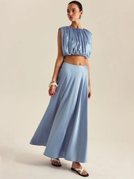 Commense Dresses & Skirts - Commense Blue Satin Skirt Set with Ruched Top